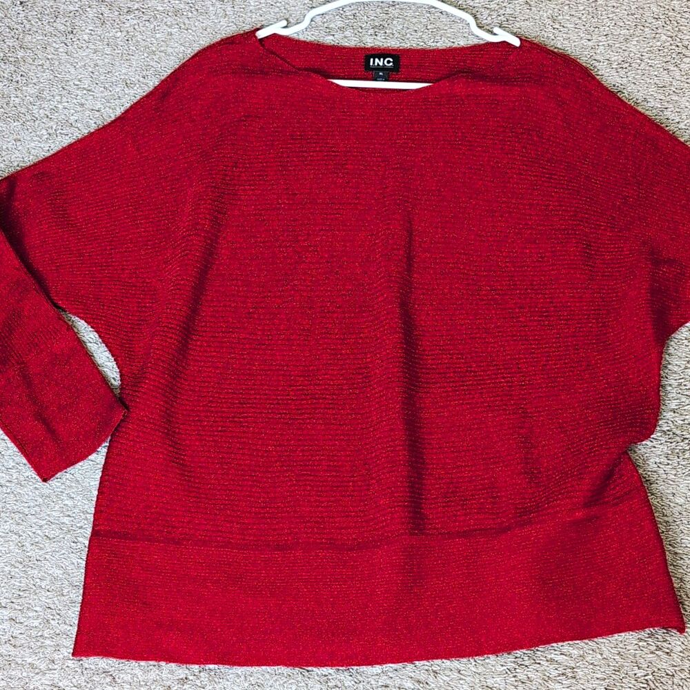 I.N.C. Red Shimmer Rib-Knit Boat Neck Sweater Women XL